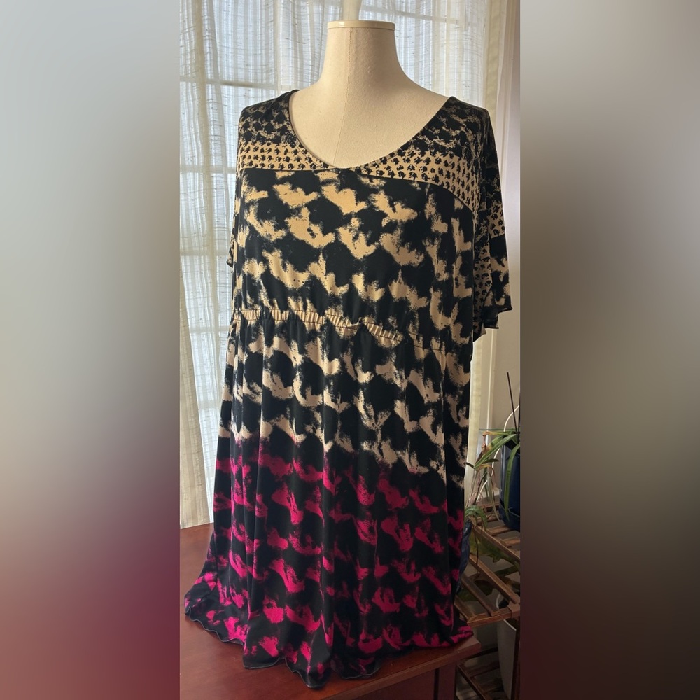 Lane Bryant Black Cream and Fuchsia Tie-Dye Tiered Midi Dress